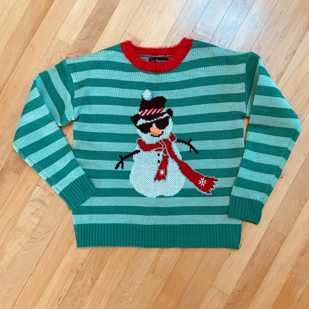 33 Degrees Green Stripe Snowman Christmas Party Knit Sweater XS